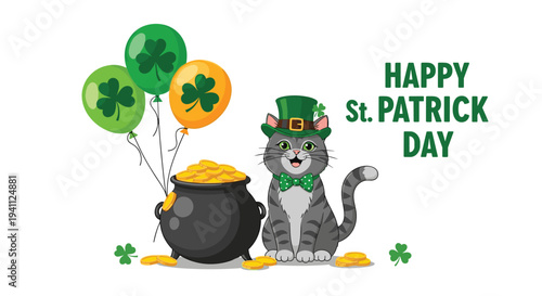 Happy Saint Patricks Day greeting card featuring a cute cat with a leprechaun hat and a pot of gold with green balloons.