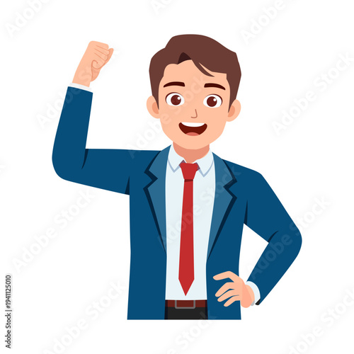 Happy Asian businessman in blue suit raising fist celebrating success with a cheerful triumphant smile