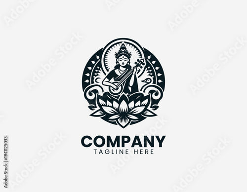 Seated female deity playing classical instrument on lotus with swan in clean modern cultural vector illustration