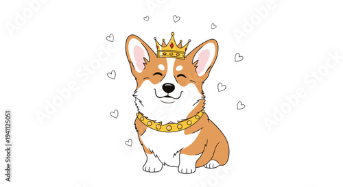 Charming corgi dog wearing a golden crown and necklace surrounded by small hearts isolated on white background.