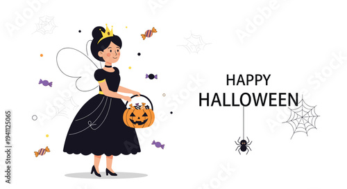 Happy Halloween greeting with a young girl in a fairy costume holding a pumpkin bucket full of candies and treats.
