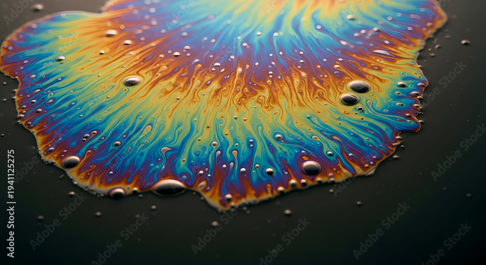 Fototapeta premium Iridescent oil slick with bubbles on dark surface abstract background