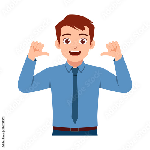 Happy young man with brown hair pointing to himself with thumbs smiling confidently in an illustration