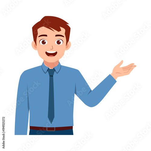 A happy young man smiling broadly presenting or explaining with an open hand gesture in a blue shirt