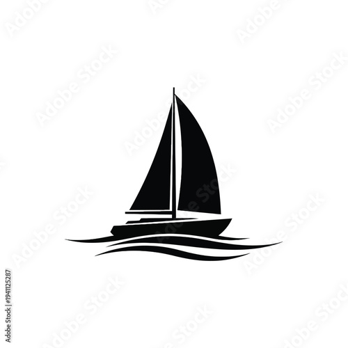 Sleek black and white sailboat gliding on calm water minimalist vector illustration