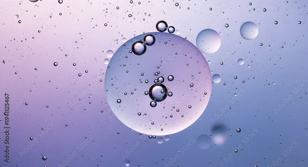 Obraz premium Abstract oil and water bubbles on a gradient background with soft lighting, perfect for cosmetic or science themes