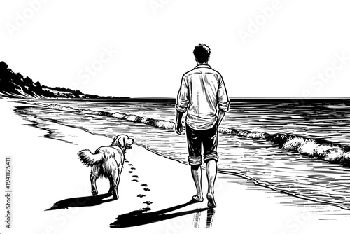 Man and his dog are walking on the beach. The man is wearing a white shirt and shorts