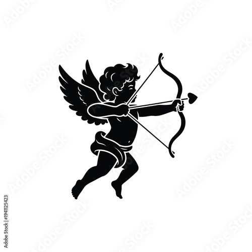 Cupid Shooting Arrow with Bow and Wings, Black Silhouette on White Background