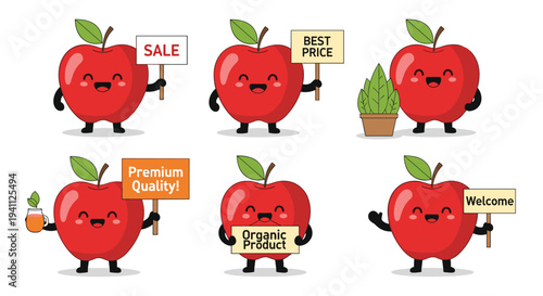 Set of cute red apple characters with various business signs including sale, best price, and organic product on white background.