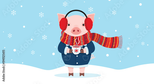 Cute pig character mascot wearing earmuffs, a warm coat, and a scarf holding a cup of hot cocoa in a snowy winter scene.