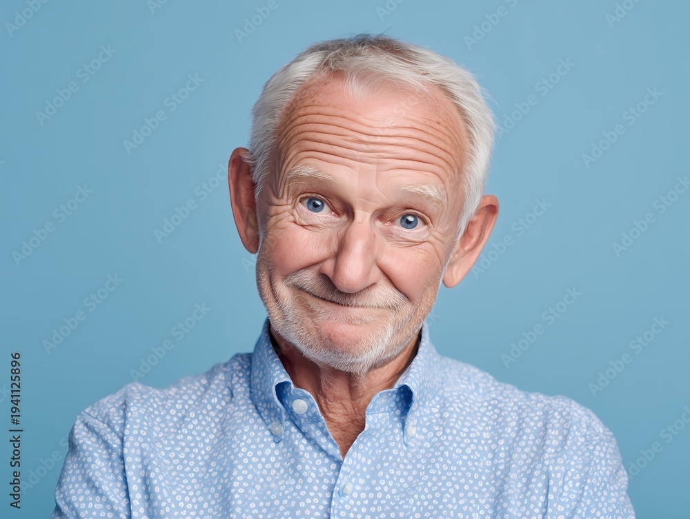 Obraz premium Smiling Senior Man Portrait on Blue Background, Wisdom and Life Experience Concept