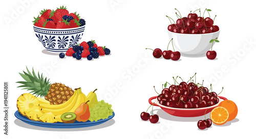 Assorted fresh fruit arrangements featuring berries in a bowl, cherries, and various tropical fruits on a plate on white background.