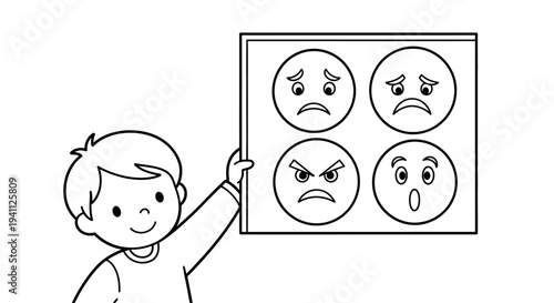 Boy Holding Emotions Facial Expressions Chart.