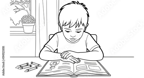 Young boy reading a book sitting.