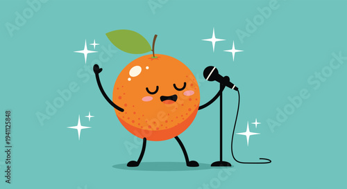 Cute orange character mascot singing into a microphone with musical notes and sparkling stars on blue background.