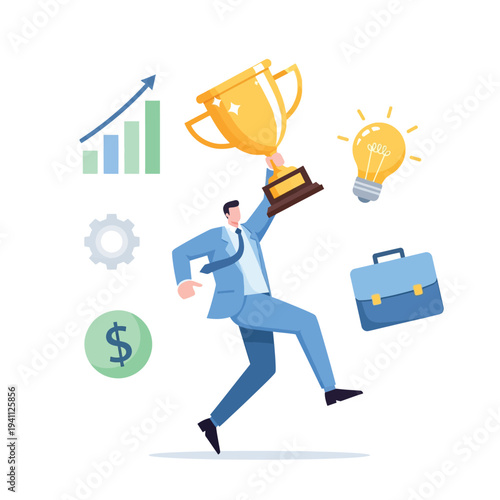 Concept of business success and achievement, a triumphant businessman celebrating victory with a golden trophy amidst symbols of growth, innovation, and financial prosperity