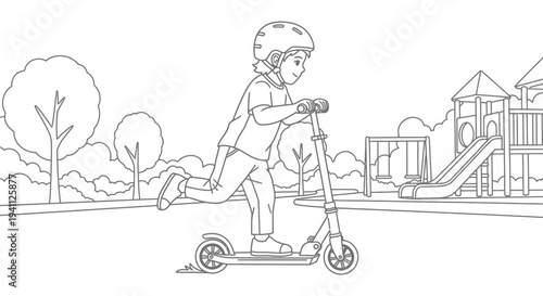 Child Riding Electric Kick Scooter Outdoors.