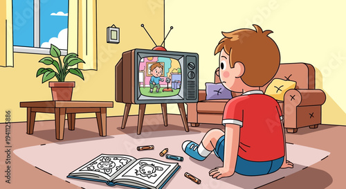 Young boy watching television sitting.