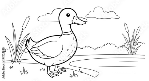 A cartoon duck standing on land.