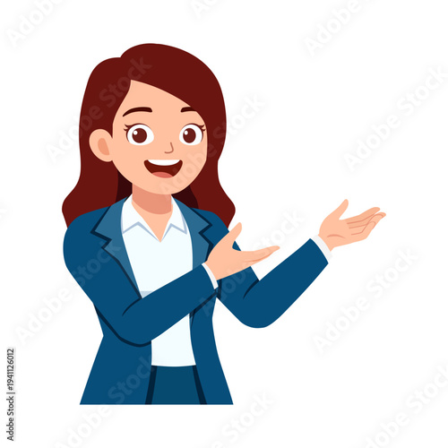 Принти на полотні A confident smiling businesswoman with brown hair presenting with open hands in