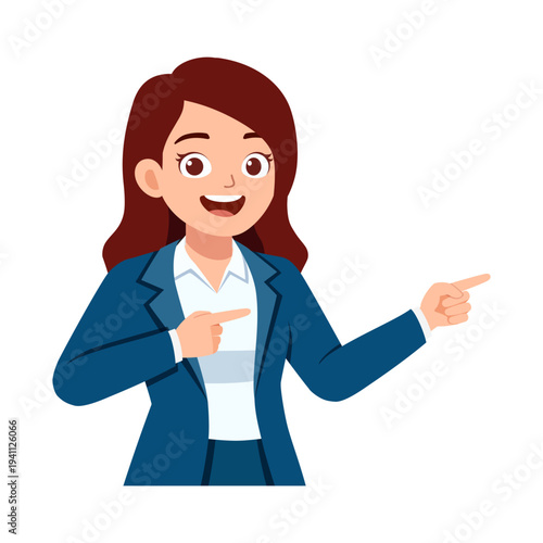 Happy smiling woman in blue business suit pointing with both hands looking cheerful an illustration