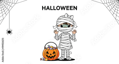 Happy Halloween background with a cute girl in a white mummy costume standing next to a pumpkin full of treats.