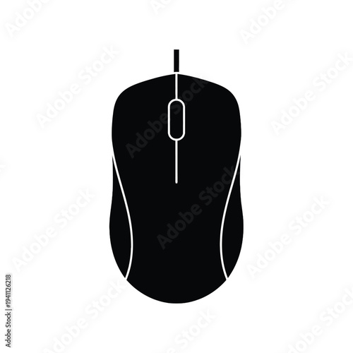 Black Computer Mouse with White Accents on White Background, Modern Design