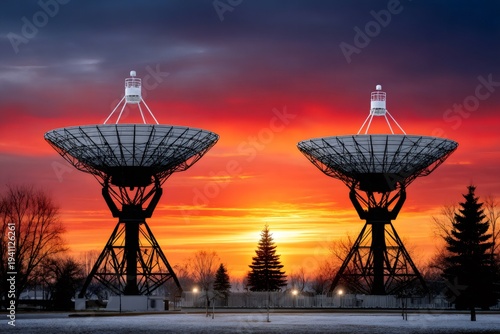 Radio telescopes at sunset exploring space and universe