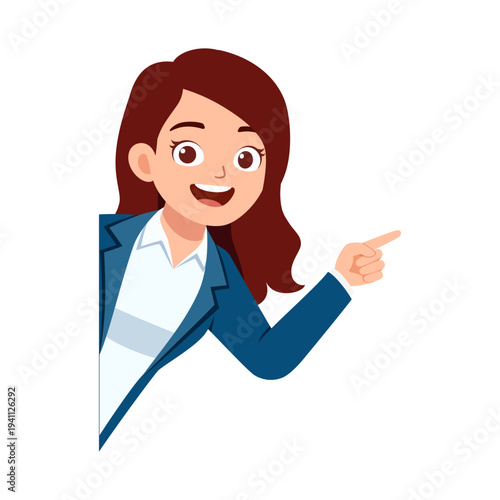 Smiling young woman with brown hair in a blue blazer peeking out happily and pointing her finger with positive expression
