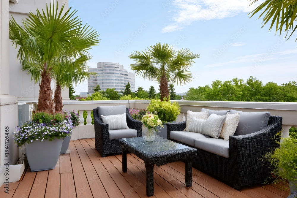 Naklejka premium Rooftop luxury patio furniture relaxing outdoor living area