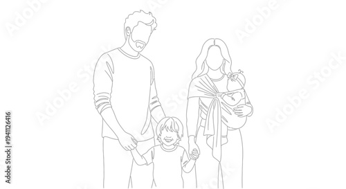 Family with two children depicted in a delicate line art silhouette on transparent background
