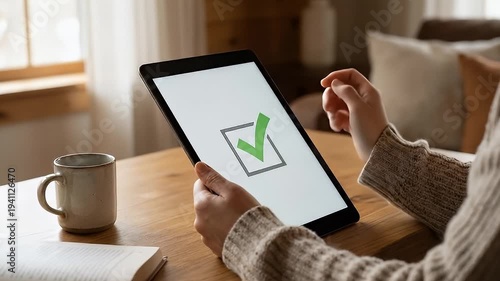 Person Using Tablet with Checkmark.