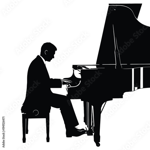 Professional pianist playing grand piano in elegant black and white minimalist studio portrait