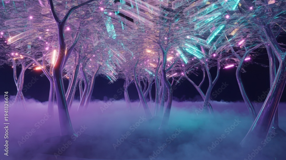 Fototapeta premium Enchanted winter forest illuminated by vibrant neon lights against a dark sky