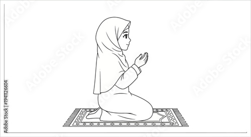 Praying muslim woman in hijab kneeling on rug silhouette on transparent background