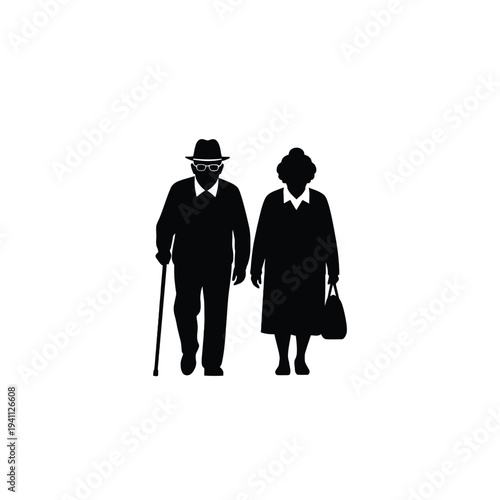 Elderly couple silhouette walking with cane and handbag vintage black and white illustration