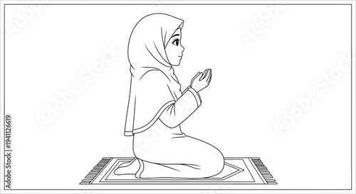 Praying muslim woman in hijab kneeling on a rug silhouette on transparent background
