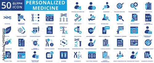 personalized medicine icon pack illustration contains biomarker, pharmacogenomics, metabolomic, proteomic, pharmacodynamic, biobank, omics, bioavailability, genotype, phenotype, bioinformatic