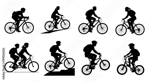 Diverse cyclists in action poses a graphic design element on transparent background silhouette