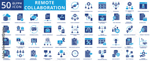 remote collaboration icon set illustration contains shared documents, instant messaging, version control, data security, time zone difference, cross-functional teams, multitasking, whiteboard