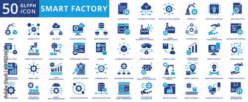 smart factory icon pack illustration contains rpa, ai, augmented reality, virtual reality, connected devices, programmable logic controller, data acquisition, human machine interface, big data