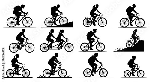 Nine black silhouettes of cyclists riding bicycles on transparent background