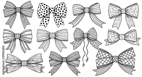Collection of Hand-Drawn Decorative Bows with Various Patterns and Textures