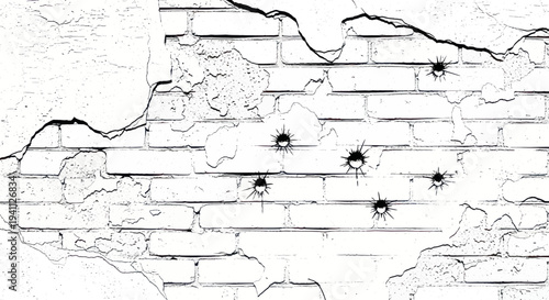 Cracked White Brick Wall with Bullet Holes, Grunge Texture Background