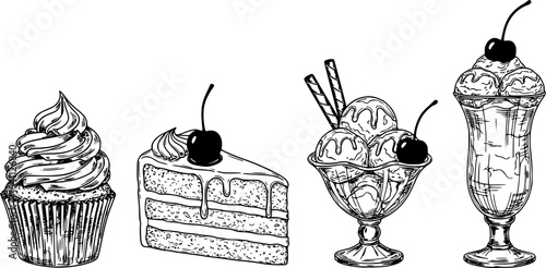 Set of desserts, cakes, ice-cream. Single one line style drawing of muffin, cupcakes and cake slice with colored shapes. Design for menus, recipe books, greeting cards or invitations. Transparent EPS.