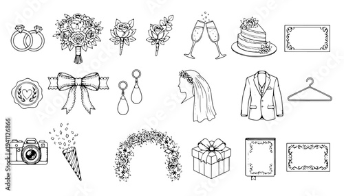 Wedding celebration icon set and bridal elements vector engraving style on white isolated background for invitation card design
