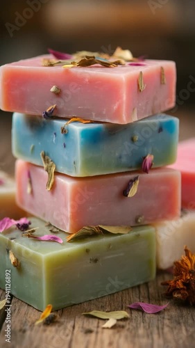 Colorful soap bars with flower petals.