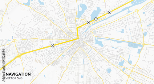 City Map Navigation Route with Markers, Yellow Path on White Background
