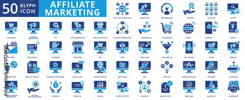 affiliate marketing icon pack contains spam, terms of service, browser extension, fake clicks, return on investment, unique visitor, anchor text, commission, pagerank, patent, effort, backlink