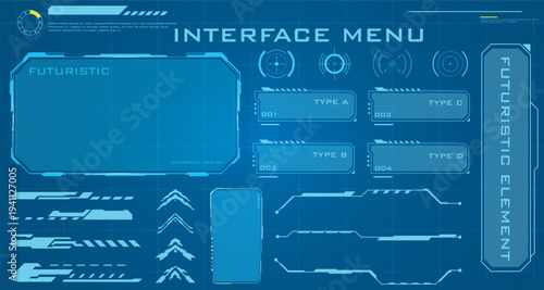 A set of modern futuristic interface boxes  callout banners  and digital frame components in blue HUD style  ideal for UI design and tech-themed projects.